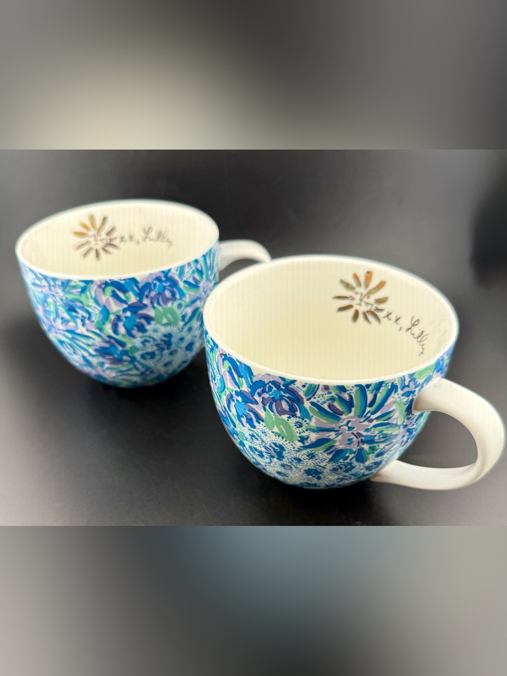 2 Lilly Pulitzer ceramic coffee mugs. Blue floral "High Maintenance" pattern - Picture 14 of 15